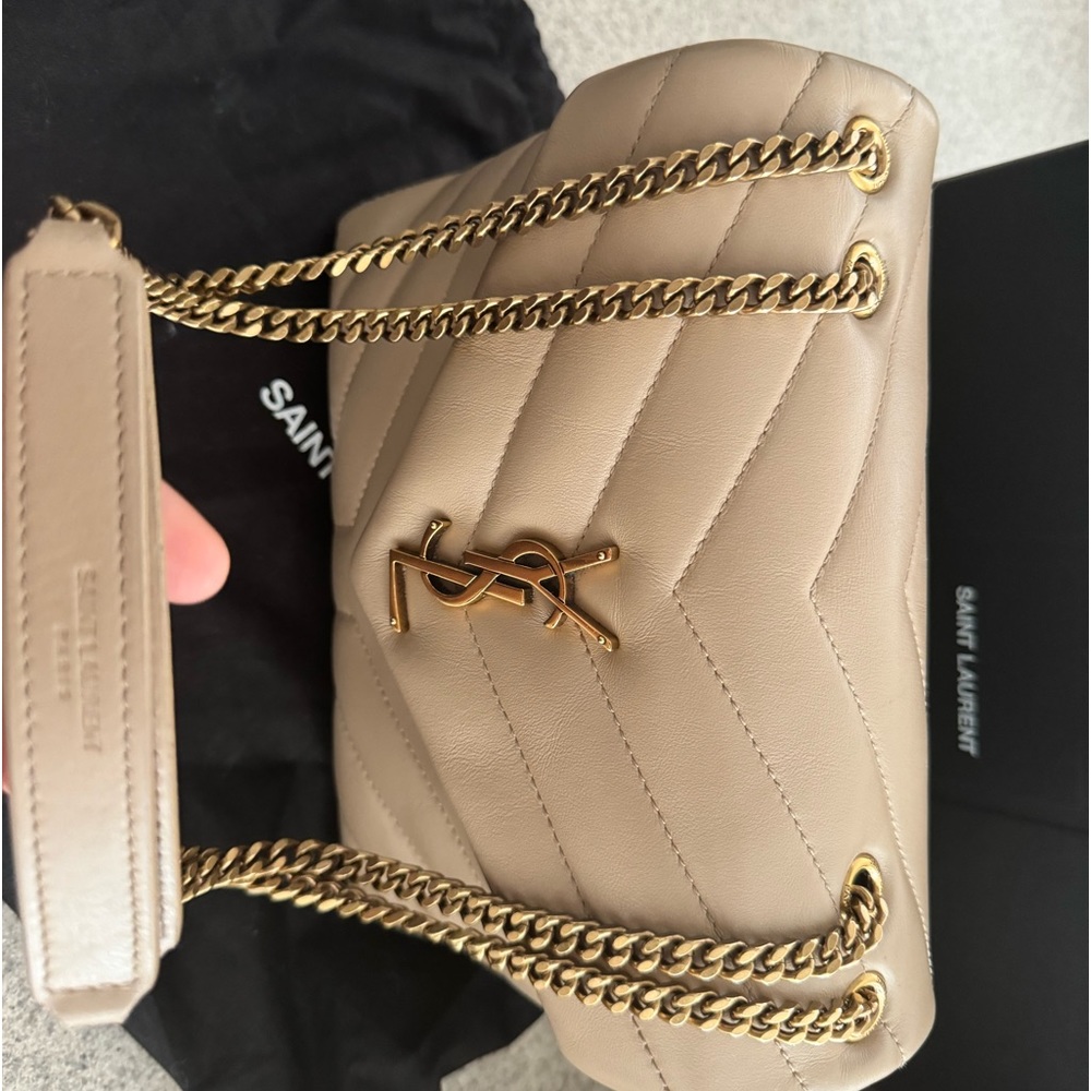 Saint Laurent Calfskin Y Quilted Monogram Small Loulou Chain Satchel Dark Beige